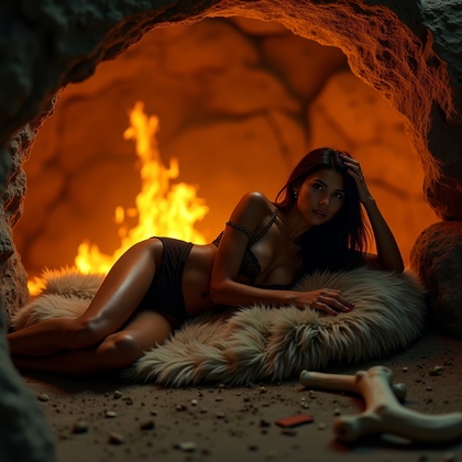 AI-generated photo: Photorealistic fashion-editorial photography of a primal set where the subject reclines on a piled p...