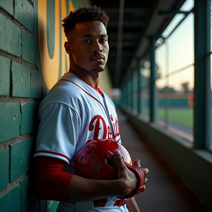 AI-generated photo: Photorealistic professional sports photography of a waist-up tunnel portrait, the rookie leaning cas...