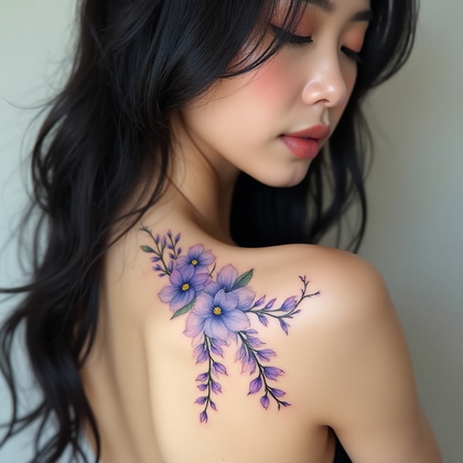 AI-generated photo: Photorealistic photography of a woman with an elegant watercolor-style floral tattoo featuring a cas...