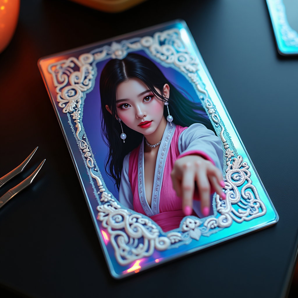 Hanbok-Inspired Demon Hunter Portrait example: K-pop fantasy collectible photocard photo. A glossy holographic photocard lies on a dark lacquer table, showing a clear