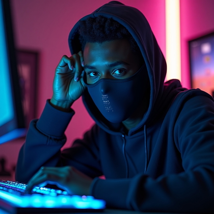 AI-generated photo: Photorealistic gaming avatar portrait photograph. The scene shows the subject in a dim, moody room f...