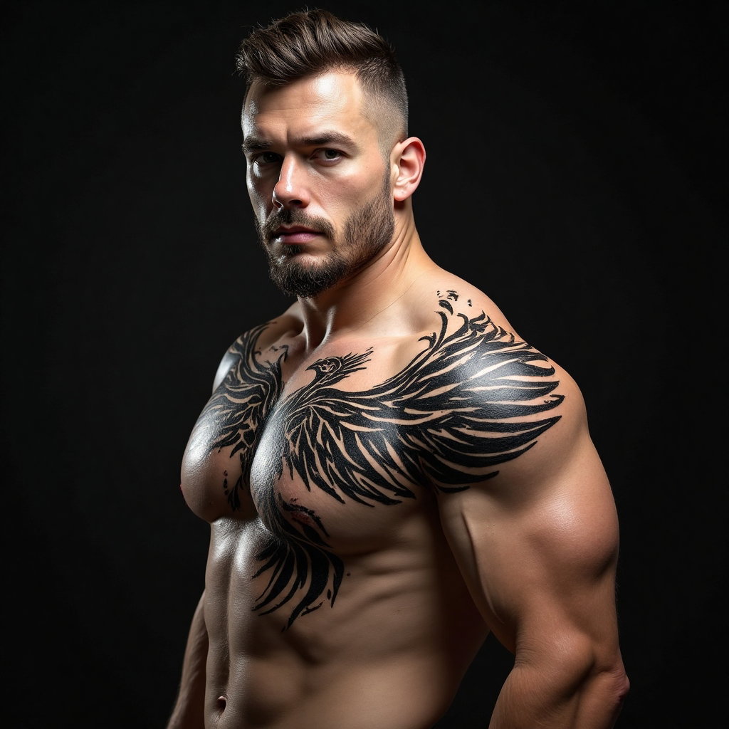 AI-generated photo: Photorealistic photography of a man with a striking tribal Phoenix tattoo that spans his entire righ...
