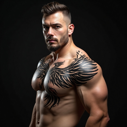 AI-generated photo: Photorealistic photography of a man with a striking tribal Phoenix tattoo that spans his entire righ...