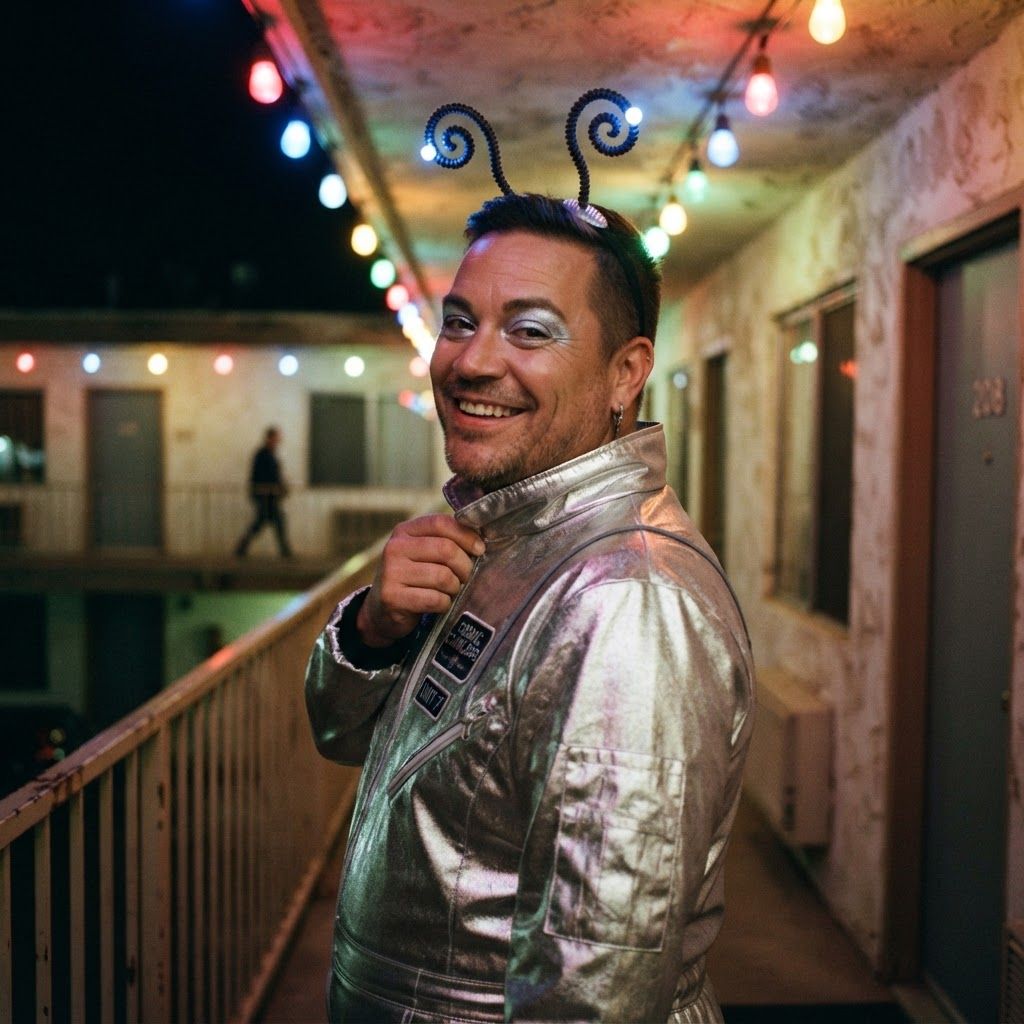 Retro Space Alien Under Colorful Night Lights: Three-quarter portrait beneath a row of multicolored motel walkway lights.