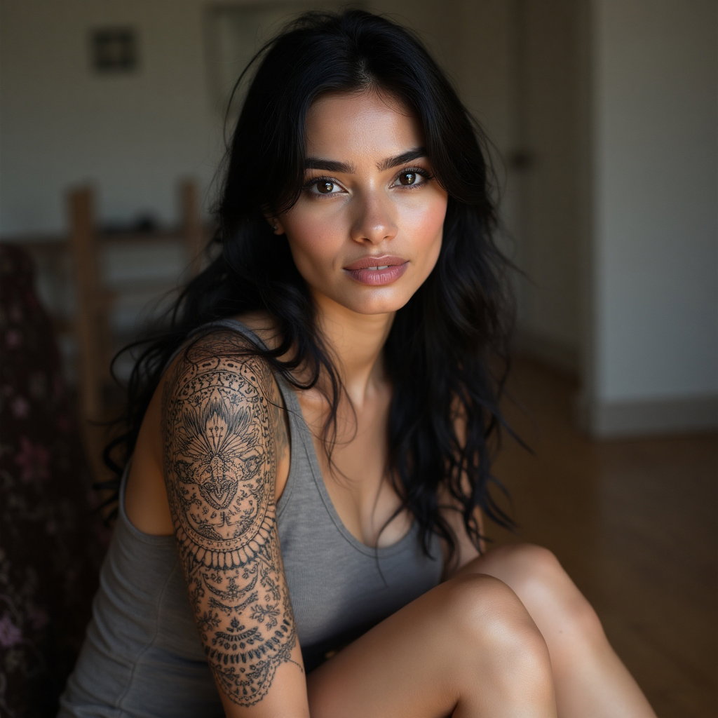 AI-generated photo: Photorealistic photography featuring a woman with an ornate geometric tattoo on her upper thigh, com...