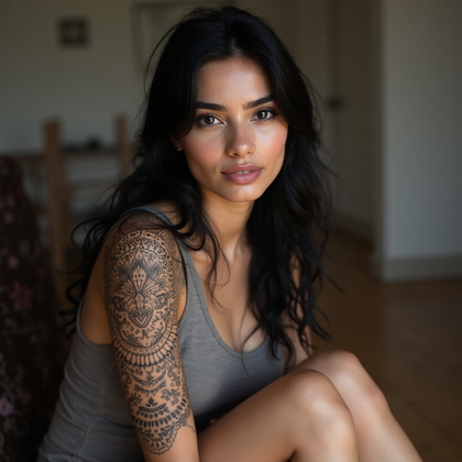 AI-generated photo: Photorealistic photography featuring a woman with an ornate geometric tattoo on her upper thigh, com...