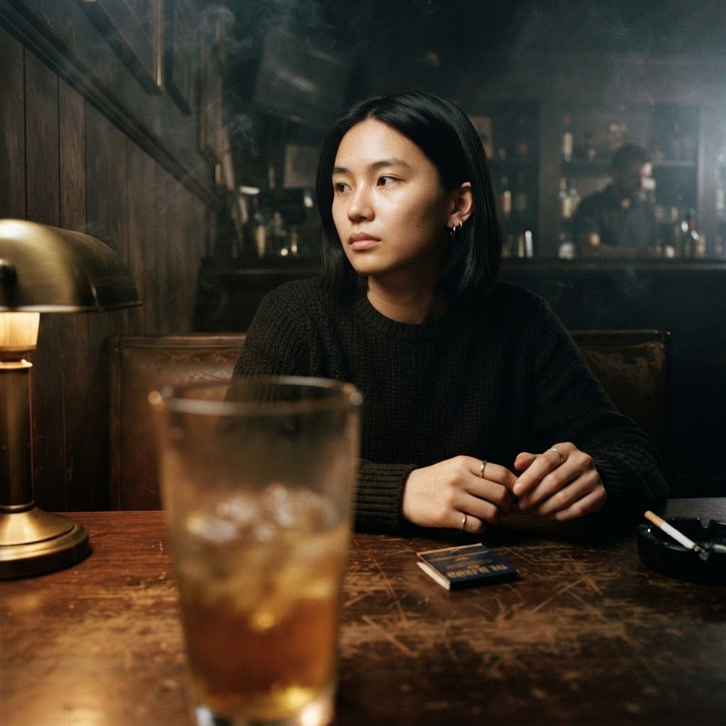Smoky Bar Booth: Table-level smoky booth portrait with the drinking glass large and softly blurred in the foreground.