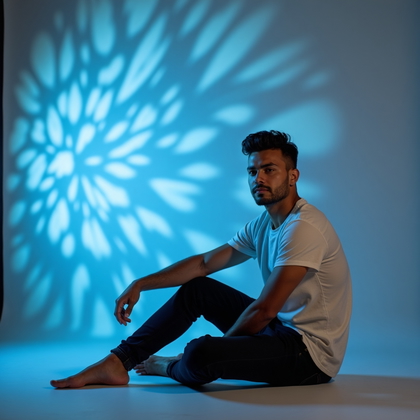 AI-generated photo: Photorealistic studio portrait photo with the subject seated on the seamless floor, legs comfortably...