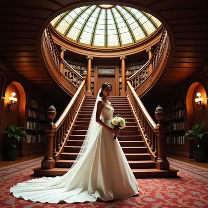 AI-generated photo: Photorealistic wedding photography. In a historic library rotunda with a single grand oak staircase ...