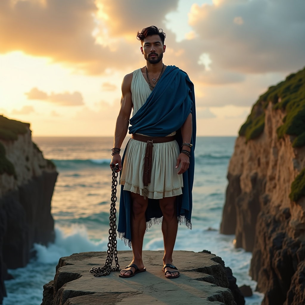 Solo Perseus Sea-Cliff Victory Portrait example: Epic fantasy portrait photography, full-body Perseus-inspired solo hero on a narrow natural stone causeway between two c
