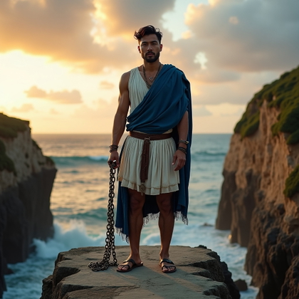 Solo Perseus Sea-Cliff Victory Portrait example: Epic fantasy portrait photography, full-body Perseus-inspired solo hero on a narrow natural stone causeway between two c
