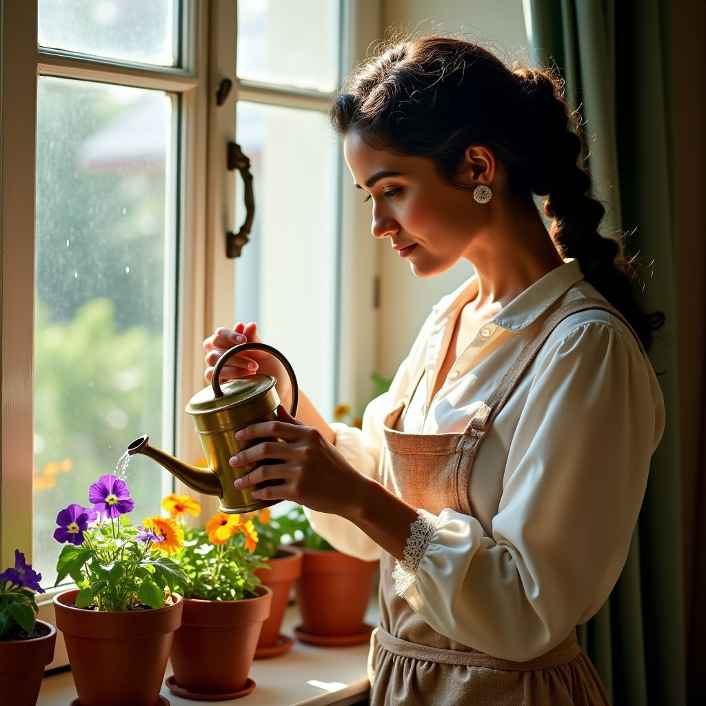 Lumière de fenêtre dans un cottage : photo personnelle en plan américain d’une seule personne visible arrosant des fleurs en pot sur un rebord de fenêtre de cottage avec un petit arrosoir en laiton, aux tons crème…