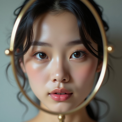 AI-generated photo: Photorealistic beauty photography. Tight beauty crop on a single eye and brow reflected in a handhel...