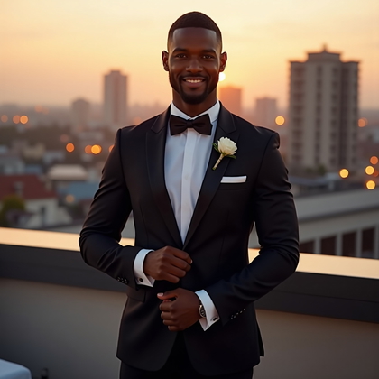 AI-generated photo: Photorealistic wedding fashion photograph on a rooftop terrace at golden hour with the city softly g...