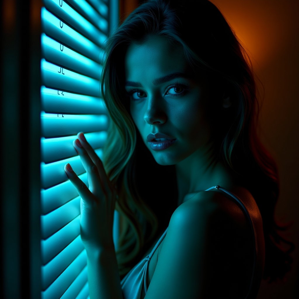 AI-generated photo: Photorealistic cinematic portrait photograph at night using a venetian-blinds window gobo as the key...