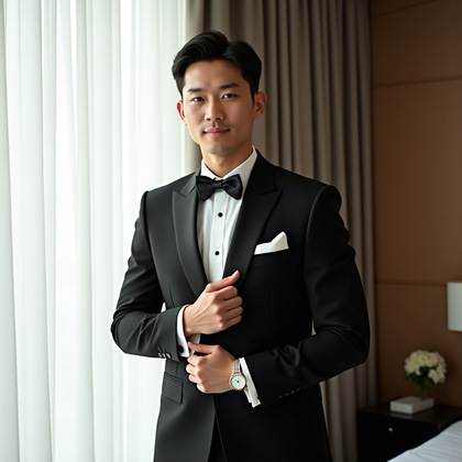 AI-generated photo: Photorealistic wedding portrait photograph in a hotel suite by a large window with sheer curtains di...