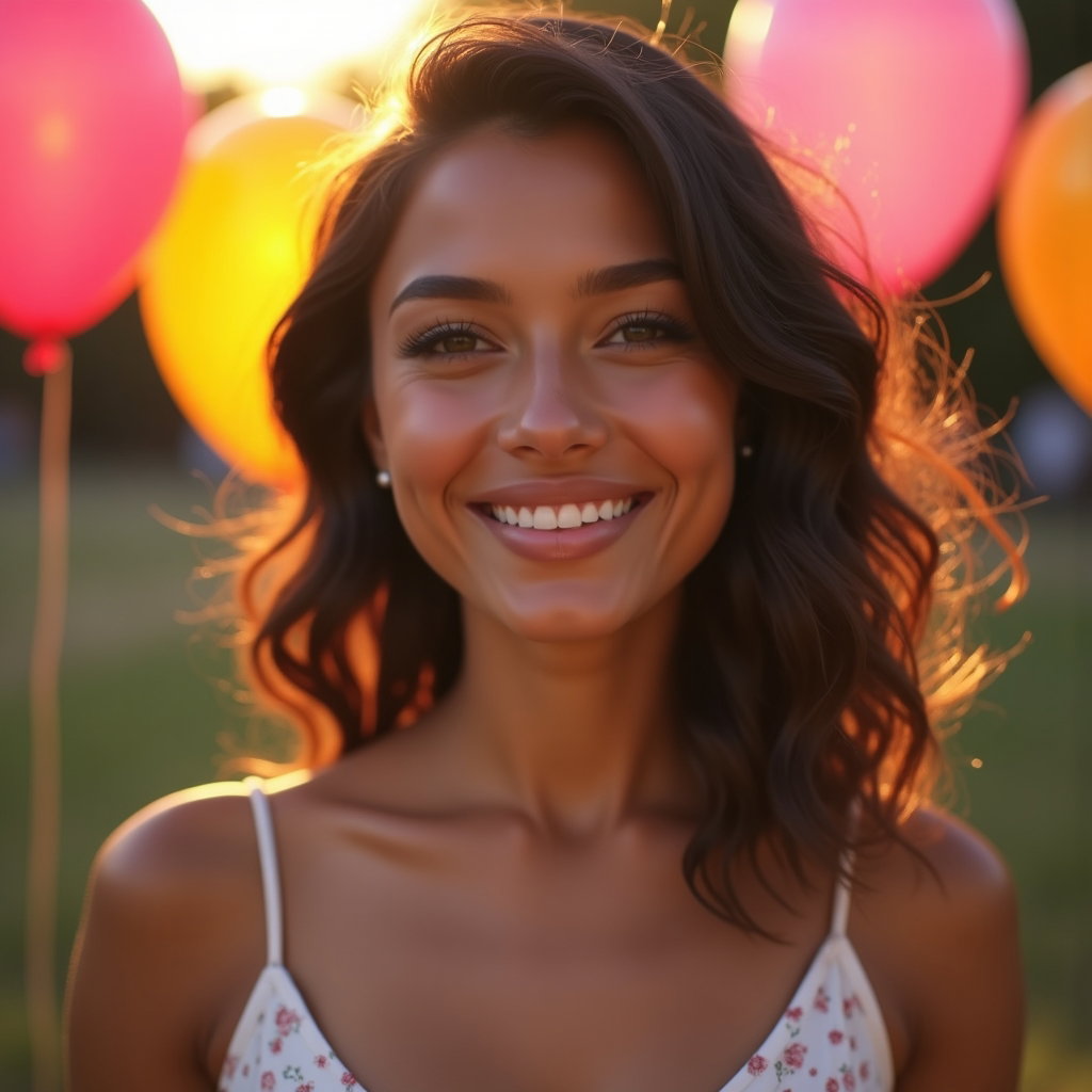 Golden Hour Outdoor Birthday Photos example: Photorealistic portrait photography. Profile/avatar-style birthday crop with the face centered and clearly visible, shou