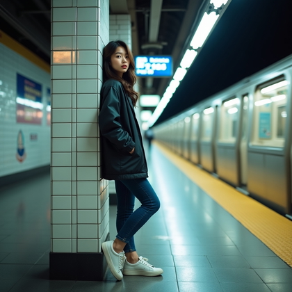 Photorealistic urban portrait photo on an underground subway platform with glossy tiles, a motion-blurred train streaking past, and cool fluorescent strips mixing with warmer platform signage for cinematic contrast. The subject leans casually against a tiled pillar with one ankle crossed over the other and a relaxed hand in a pocket, turning directly to the lens so the face remains fully unobstructed and dominant in frame, catching crisp highlights from passing window light. Reflections shimmer on the polished floor, overhead directional arrows frame the composition, and a subtle mist of tunnel air adds atmosphere without compromising image sharpness.