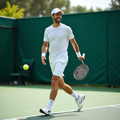 Dating profile photo, a motion lifestyle portrait on a private tennis court, with the subject stepping forward after a relaxed serve practice, racket lowered naturally, face turned clearly toward the viewer with an energetic smile. Style with crisp athletic-chic clothing, bright daylight, clean court lines, fresh green and white color accents, and a flattering action-focused composition.