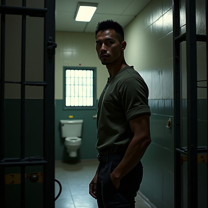 AI-generated photo: Photorealistic prison cell doorway photography, subject standing just inside the open barred door, o...