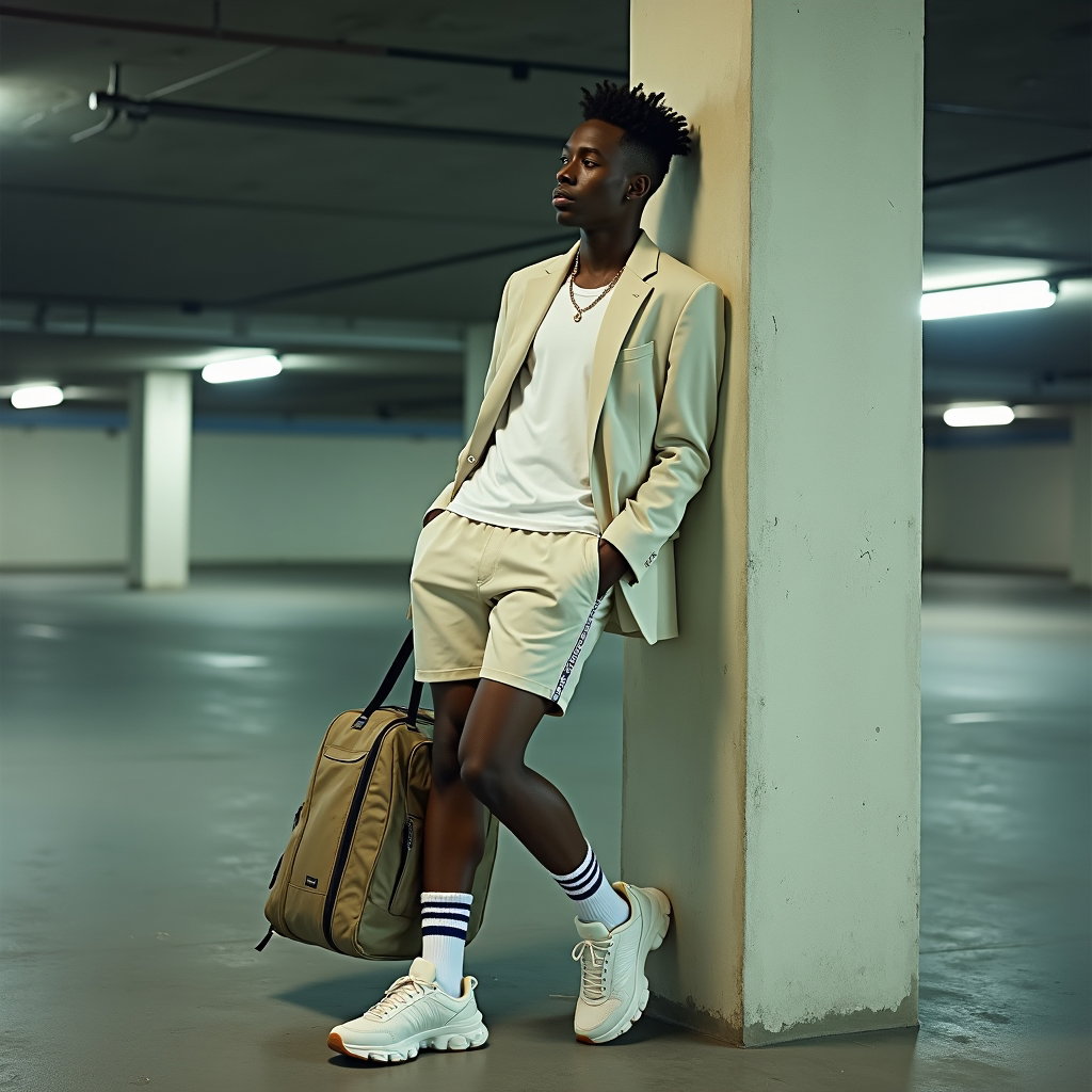 Edgy Street-Style Tenniscore Portraits example: Photorealistic fashion portrait photography. Half-body portrait in a concrete parking garage beside a scuffed tennis bag