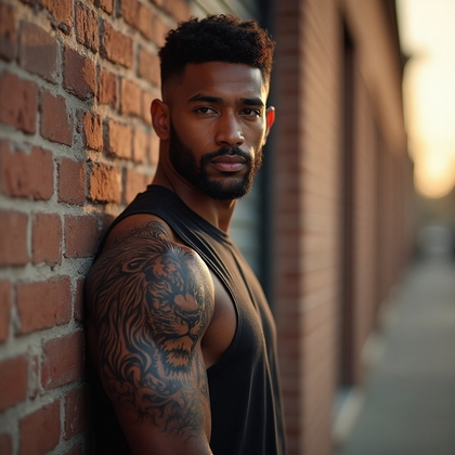 AI-generated photo: Photorealistic photography capturing a man with a bold tribal lion head tattoo on the upper part of ...