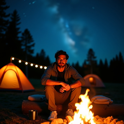 AI-generated photo: Photorealistic night portrait photography. A person sits on a log beside a campfire, leaning slightl...