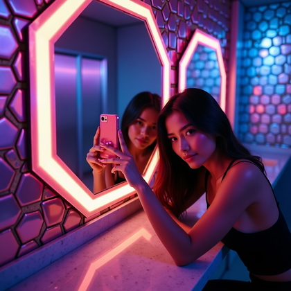 AI-generated photo: Photorealistic mirror selfie photo in a stylish nightclub restroom with backlit hexagonal mirrors, i...