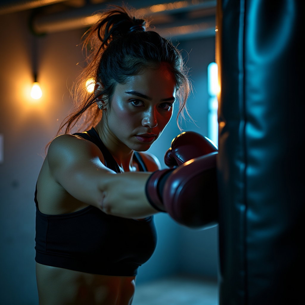 AI-generated photo: Photorealistic fitness photography in a classic boxing gym with a worn heavy bag, subject captured m...