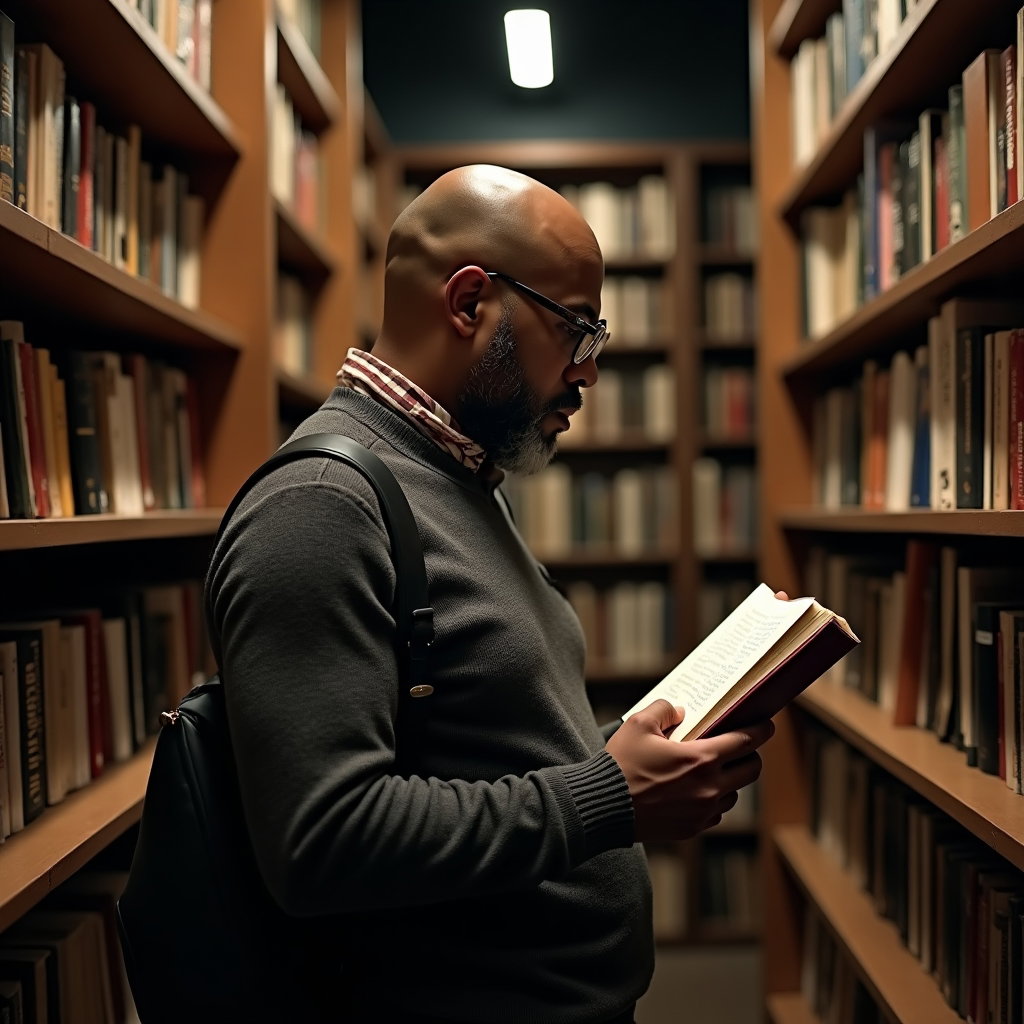 Bookstore Browse: One visible person in a narrow old bookstore alcove, photographed in side profile while pausing mid-browse with a small marbled-cover book…