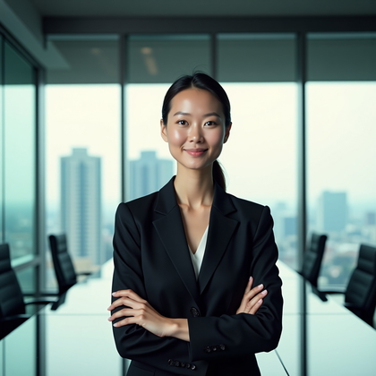 Professional headshot: In a glass-walled boardroom above the skyline, the subject stands at the head of a polished conference table in structured corporate attire with minimalist accessories, arms gently crossed and posture tall, lit by soft daylight from the windows with a controlled rim to lift the silhouette while the face remains the brightest point. Compose chest-up with a diagonal lead from the table to the eyes, restrained reflections and muted city color palette for an authoritative, editorial business look with the face clearly centered.