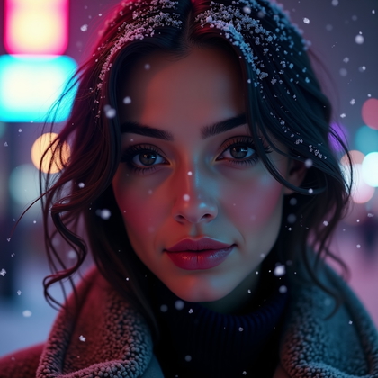 AI-generated photo: Photorealistic night-time winter portrait photo in a softly falling snowstorm, face framed close and...