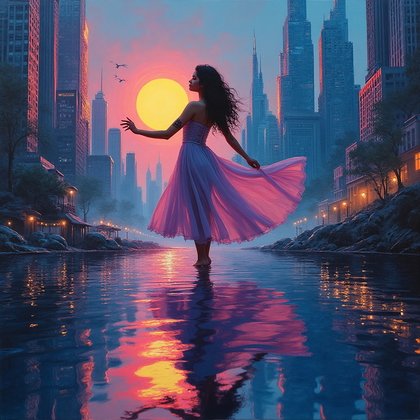 AI-generated photo: Surrealist fantasy oil painting. A nocturnal cityscape where towering skyscrapers twist and curve li...