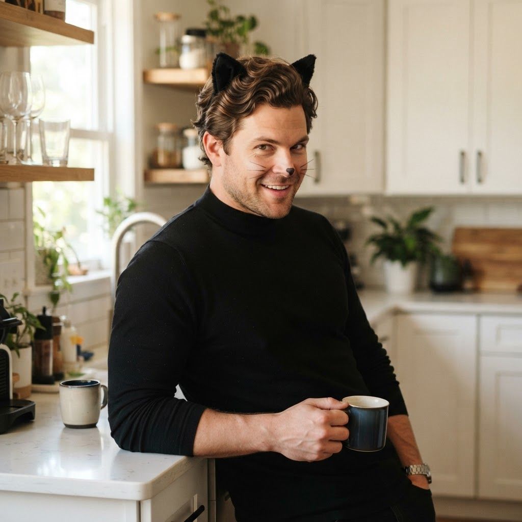 Black Cat Costume Close-Up: Candid waist-up portrait in a bright kitchen.