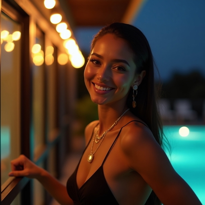 Night-Out Villa Balcony Fit Shot example: Photorealistic lifestyle portrait. Tight balcony close-up with the subject angled toward soft villa lights, one hand res