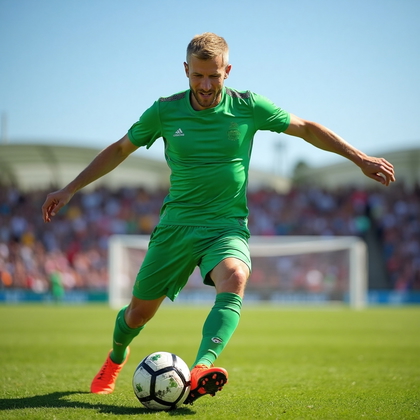 AI-generated photo: Athletic action photo of a man engaged in a spirited game of soccer on a grassy field. He wears a cl...