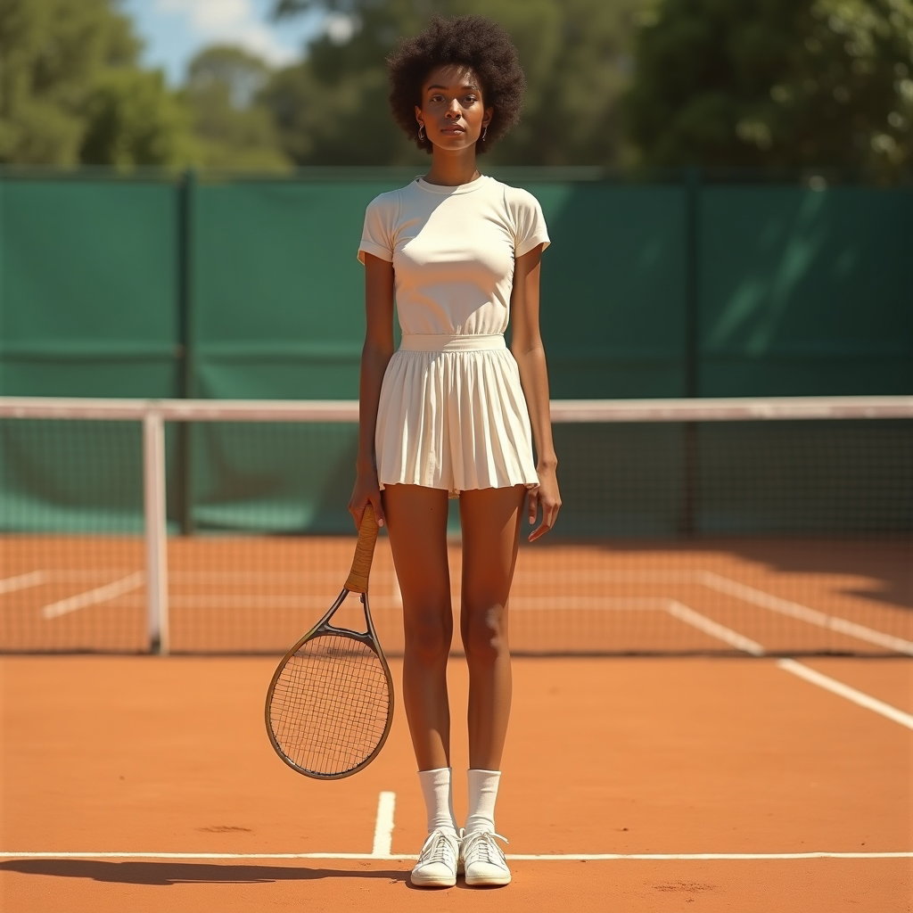 Vintage 70s Tenniscore Portraits example: Photorealistic vintage 1970s tennis fashion photograph. Full-body portrait standing on a clay tennis court baseline, fac