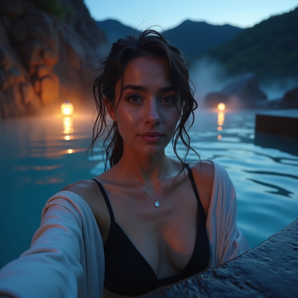Photorealistic lifestyle selfie photo in a natural hot spring at dusk, basalt rocks forming a curved rim around mineral-blue water as small lanterns paint golden halos on the stones. A close, sensual arm’s-length composition from chest-up at the waterline keeps the face centered and crystal clear while the phone is angled slightly above for slimming perspective. Wardrobe: tasteful swimwear with an open linen cover-up draped loosely over the shoulders, and delicate waterproof jewelry catching the lantern glow. The sky gradients from cobalt to violet with the first stars appearing, and low steam curls behind to create a dreamy backdrop without obscuring the face. Subtle water droplets on the upper chest and shoulders add tactile realism, and hands rest lightly on a nearby rock ledge to frame the foreground. Natural vignetting from surrounding rock combined with warm–cool color contrast heightens the intimate, romantic mood suitable for mature dating scenarios.