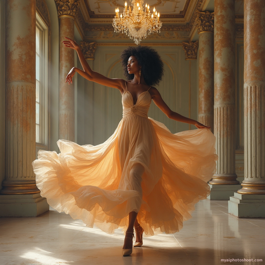 Neo-classical oil painting. A woman in a graceful dance pose, captured in mid-motion within an opulent ballroom setting. The artist captures the fluidity of her movement with dynamic, sweeping brushstrokes, highlighting the elegant drape and flow of her diaphanous gown. The background features intricate frescoes and tall, stately pillars, rendered in muted earth tones that complement the subject's vibrant presence. Soft, ambient lighting spills from grand chandeliers above, illuminating her face and creating a sense of drama and sophistication. The scene is balanced and harmonious, evoking a sense of timeless elegance and poise.