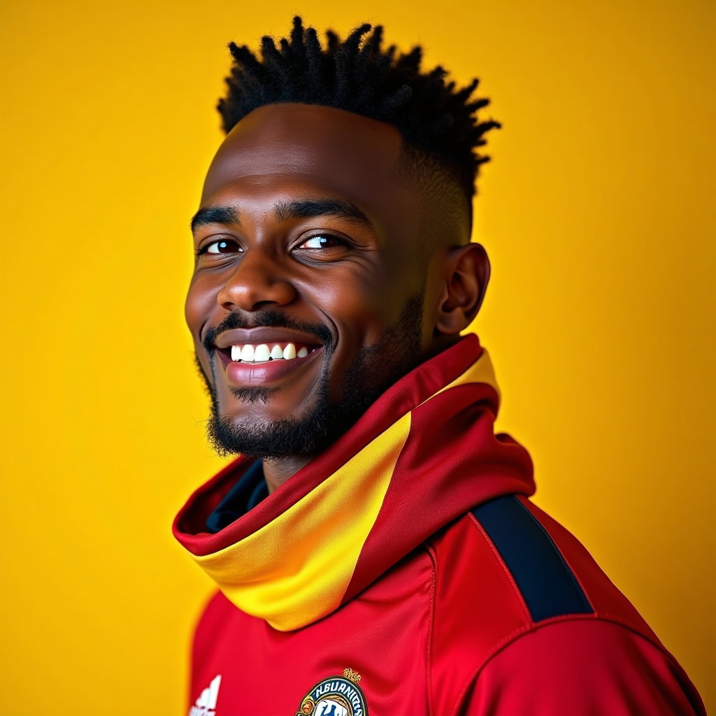 Simple Jersey-and-Scarf World Cup Fan Portraits example: Photorealistic sports fan portrait photography. Profile/avatar crop of a fan facing slightly toward the viewer, wearing