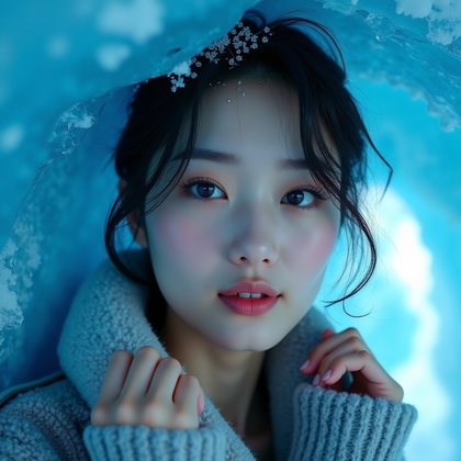 AI-generated photo: Photorealistic outdoor portrait photo at the mouth of a blue ice cave, cool cyan bounce wrapping the...