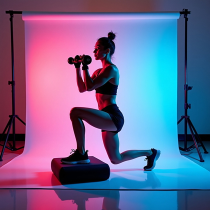 AI-generated photo: Dating profile photo, photorealistic fitness photography: Studio setup against a seamless white cycl...
