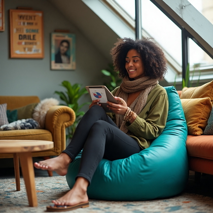 AI-generated photo: LinkedIn photo featuring a collaborative team meeting in a cozy breakout space with a creative, rela...