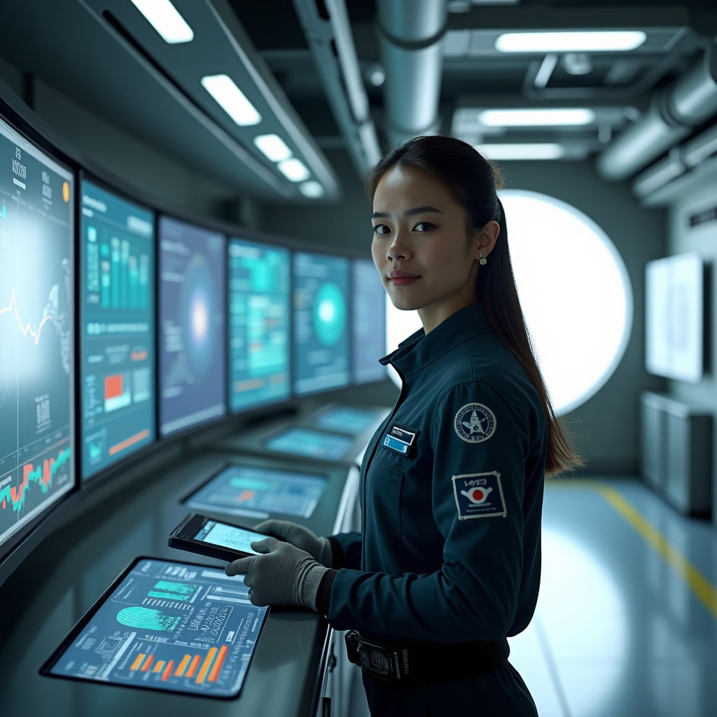 AI-generated photo: Photorealistic editorial portrait photography. Inside a moon base command-science hybrid workspace, ...