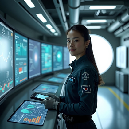 AI-generated photo: Photorealistic editorial portrait photography. Inside a moon base command-science hybrid workspace, ...