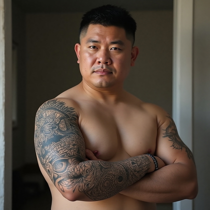 AI-generated photo: Photorealistic photography capturing a man with a traditional Aztec-inspired tattoo on his right for...