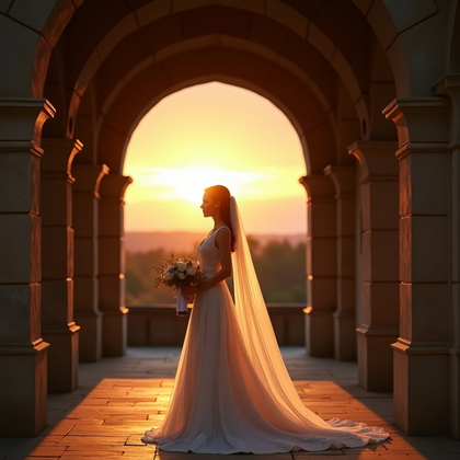 AI-generated photo: Photorealistic wedding photography: historic stone cloister at sunset where a low arch frames an inc...