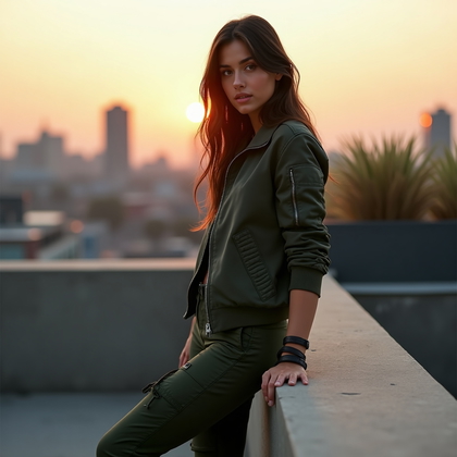 AI-generated photo: Photorealistic outdoor portrait photography. A three-quarter body shot of a real person on a city ro...