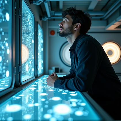 AI-generated photo: Photorealistic close-up portrait in a dim, high-tech space research bay. The camera frames the perso...