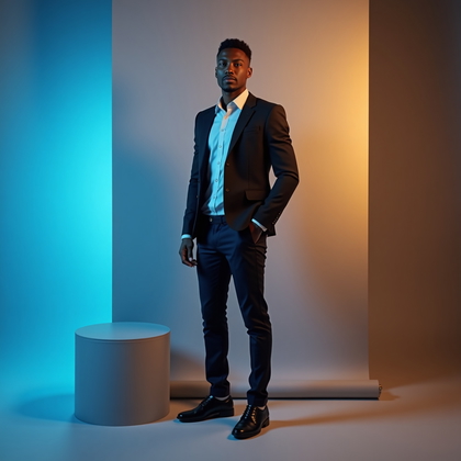 AI-generated photo: Photorealistic studio portrait. The subject is positioned near a large, plain backdrop that transiti...